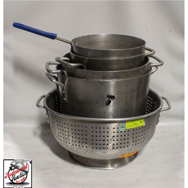 4 ALUMINUM STOCK POTS & ALUMINUM COLANDER