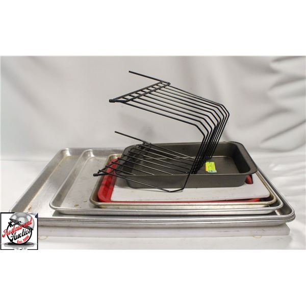 LOT OF ASSORTED TRAYS, BUN PANS, CUTTING BOARD