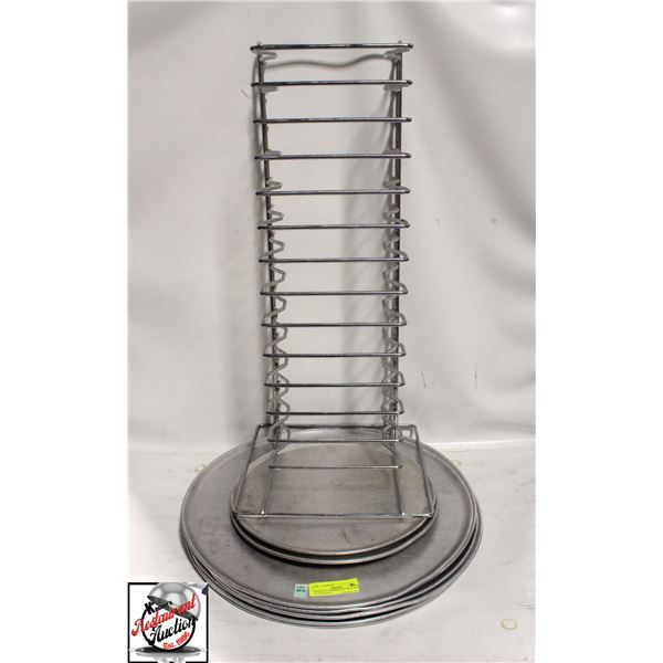 STACK OF COMMERCIAL PIZZA PANS W/ PAN RACK