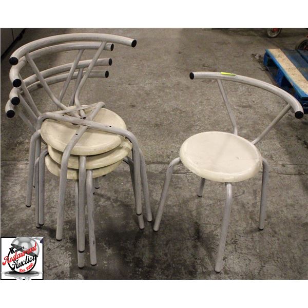 4 ROUND WHITE PLASTIC CHAIRS W/ METAL FRAMES