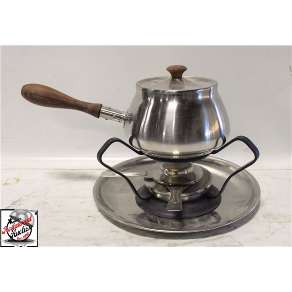 SMALL FONDUE POT AND BURNER W/ STAND AND LID
