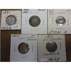 5 Holed Type Coins: 1897 Half Dime, 1866 Shield