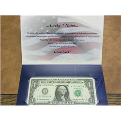 Lucky 7 Note $1 FRN Serial Number Starts With 7777