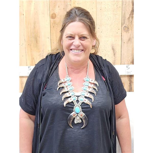 Navajo Inspired Sterling Silver Squash Blossom Bear Claw Necklace By Retired Artist Kenny Ray