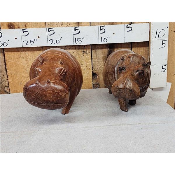 Pair Of African Hand Carved Wood Hippopotamus