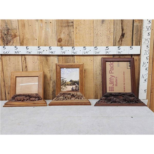 3 Picture Frames With African Hand Carved Accents