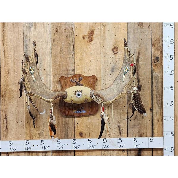 32" Wide Navajo Decorated Moose Antlers On Plaque