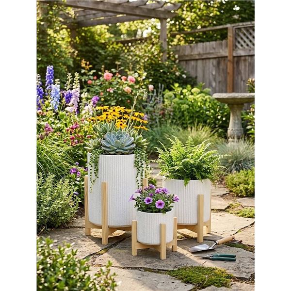 Three Ceramic Planters with Wooden Stands