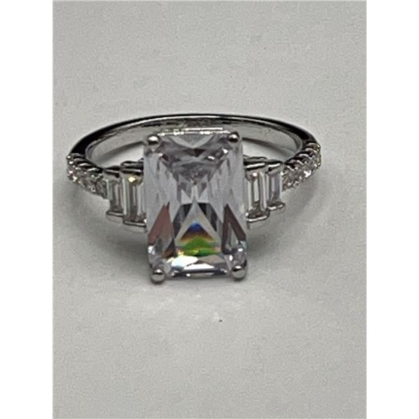 2.0 Carat Emerald Cut Solitaire .925 Silver Ladies Ring Size 7