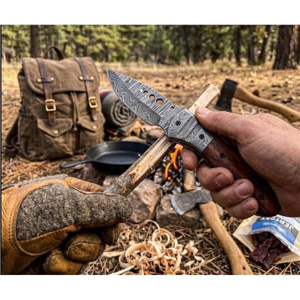 Damascus Steel Folding Knife with Leather Sheath