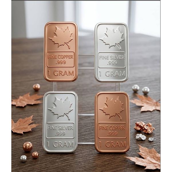 1 Gram Fine Silver and Copper Bars Set - LOT of 4