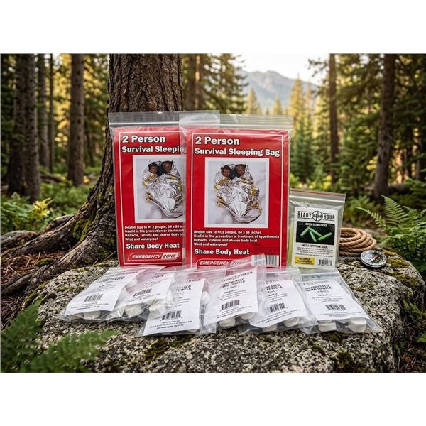 Survival Gear Lot with Survival Sleeping Bags, Compressed hand towels and glowsticks.