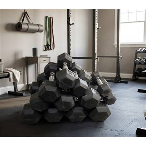 Lot of Assorted Hex Rubber Dumbbells, 5â€“30 lb