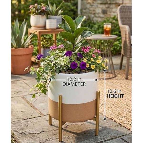 Rivet Mid-Century Ceramic Planter with Iron Stand