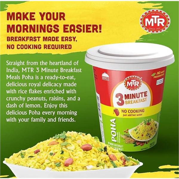 MTR 3 Minutes Poha Cuppa - Ready to Cook Mix Indian Food - 80g, Pack of 6