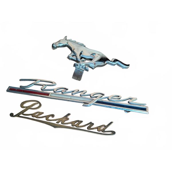 3 Vintage Car Emblems: Mustang, Ranger, Packard