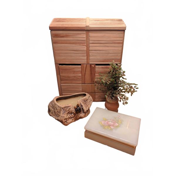 Lot: Alabaster Box, Trinket Box, Beaded Tree, Ceramic Cup, Candle