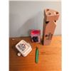 Image 11 : Collectibles Lot: Piggy Bank, Owl Bank, Wooden Car, Patches, Keychains, Miscellaneous Items