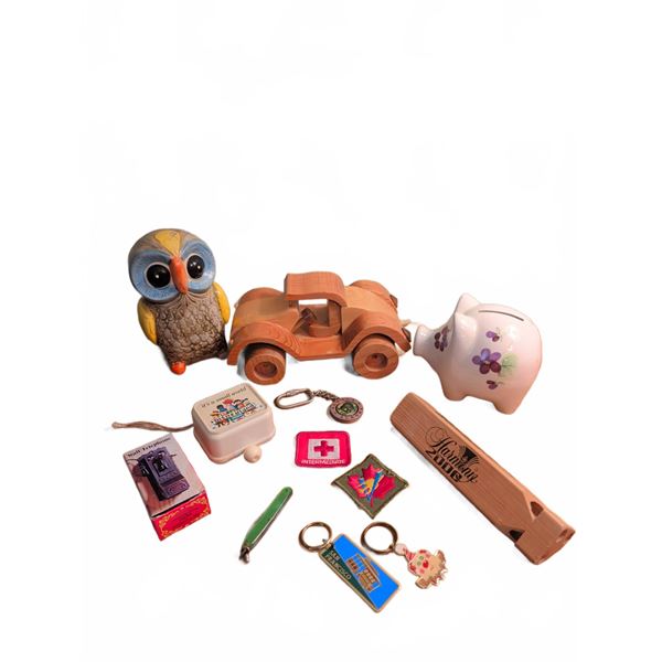Collectibles Lot: Piggy Bank, Owl Bank, Wooden Car, Patches, Keychains, Miscellaneous Items