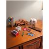 Image 2 : Collectibles Lot: Piggy Bank, Owl Bank, Wooden Car, Patches, Keychains, Miscellaneous Items