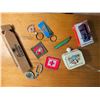 Image 9 : Collectibles Lot: Piggy Bank, Owl Bank, Wooden Car, Patches, Keychains, Miscellaneous Items