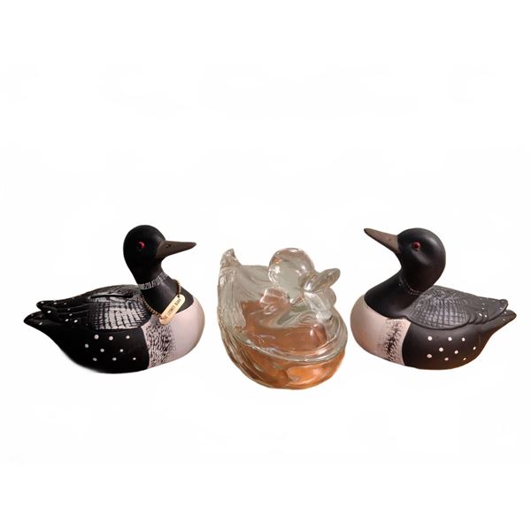 3 Loon and Duck Figurines: 2 Banks and 1 Glass Dish