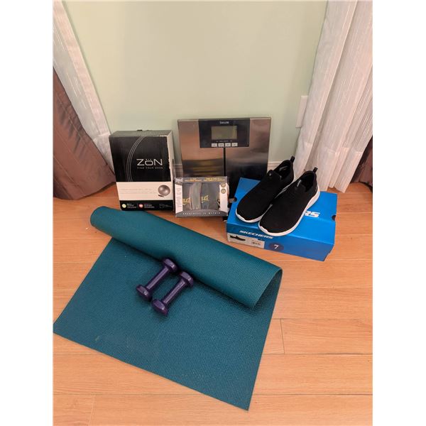 Home Fitness Bundle: Yoga Mat, New Skechers Shoes, Scale, Weights