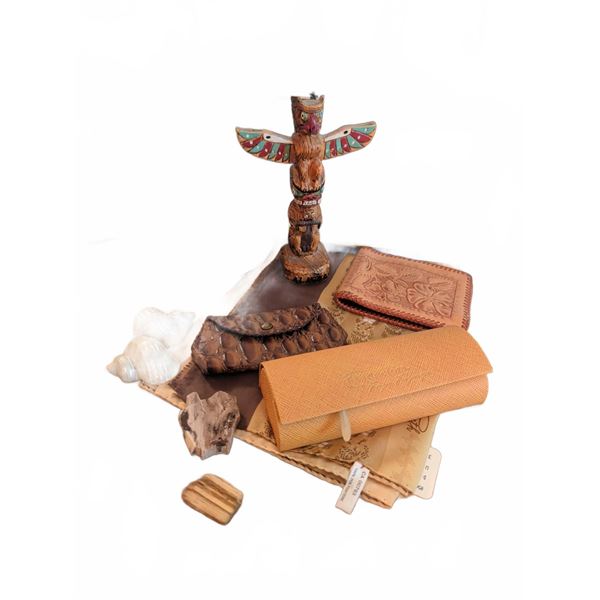 Lot: Handbags, Carved Trinkets, Leather Wallets, Scarves, Beads
