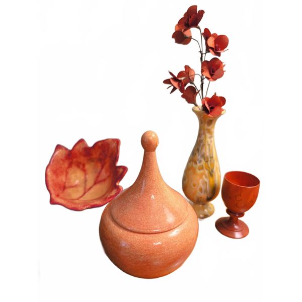 3 Ceramic Pieces: Leaf Bowl, Vase, and Lidded Jar