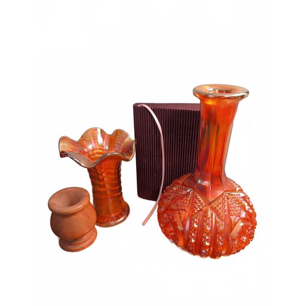 2 Amber Carnival Glass Vases, Small Wooden Vase, and Lined Journal
