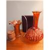 Image 2 : 2 Amber Carnival Glass Vases, Small Wooden Vase, and Lined Journal