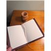 Image 9 : 2 Amber Carnival Glass Vases, Small Wooden Vase, and Lined Journal