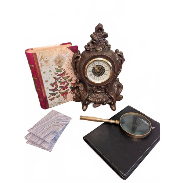 Robin Ornate Table Clock, Magnifier, Notebook, Sachets, and Butterfly Book-Box