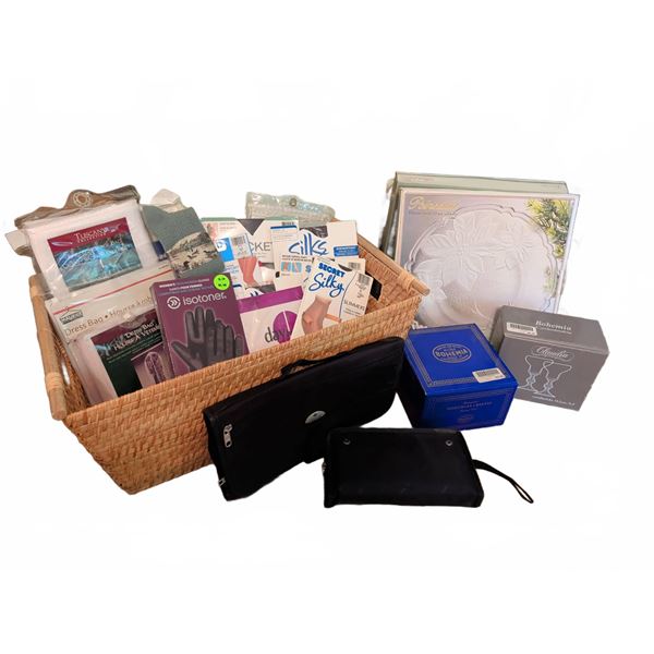 Lot: Stockings, Gloves, Glassware, Basket & Travel Bags