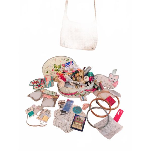 Needlework Lot With Strawberry Tin and Crochet Bag