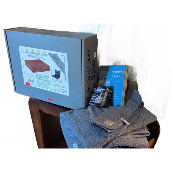 Lot With Flatware Chest, Framed Print, Books, and Towels
