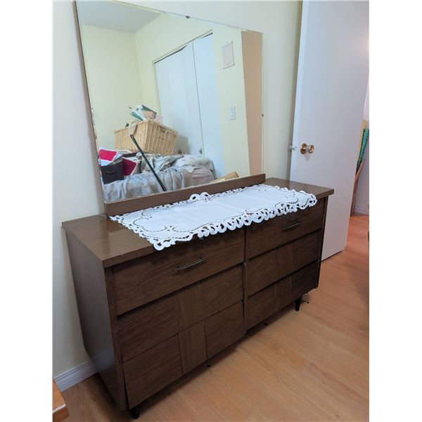 Six-Drawer Wood Dresser with Mirror and Metal Pulls