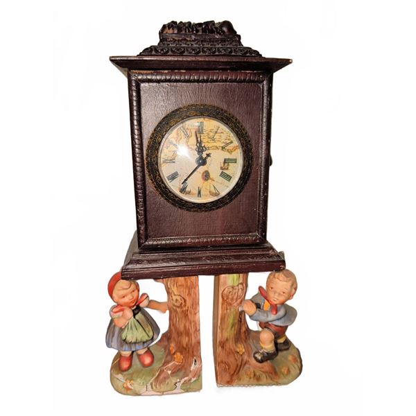 Wooden Mantel Clock with Porcelain Children Bookends