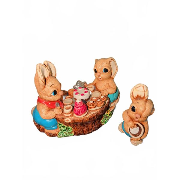 Homco Bisque Porcelain Bunny Figurines Tea Party Set