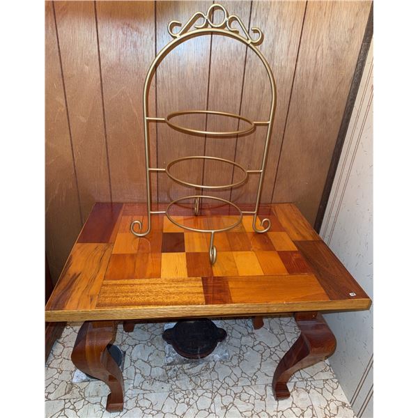 Wooden Parquet Side Table and Metal Display Stand