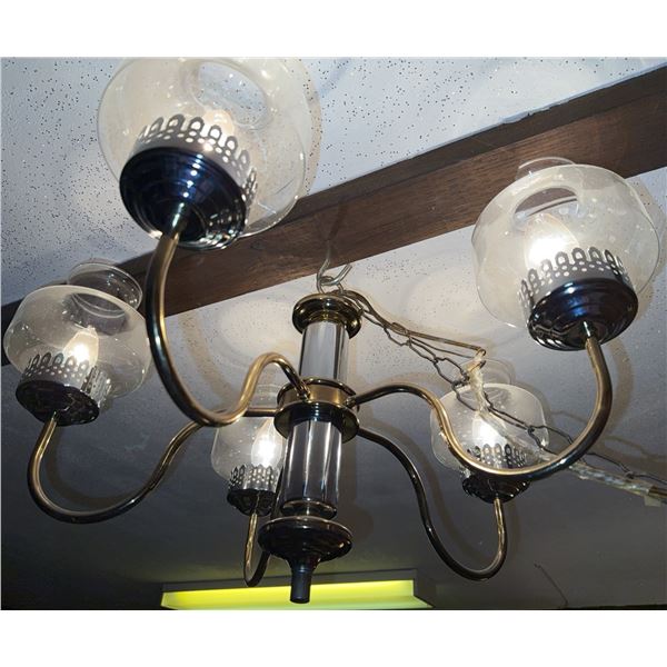 Five-Arm Brass and Glass Chandelier, Chain Hung