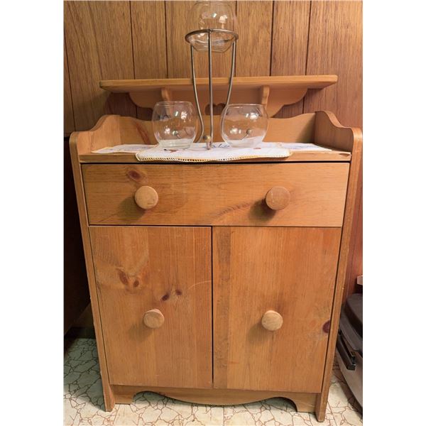 Pine Wood Cabinet with Drawer, Double Doors, and Wall Shelf