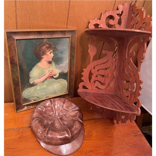 3 Items: Framed Print, Leather Hat, and Corner Wooden Shelf