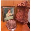 Image 1 : 3 Items: Framed Print, Leather Hat, and Corner Wooden Shelf