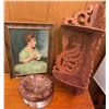 Image 2 : 3 Items: Framed Print, Leather Hat, and Corner Wooden Shelf