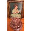 Image 5 : 3 Items: Framed Print, Leather Hat, and Corner Wooden Shelf