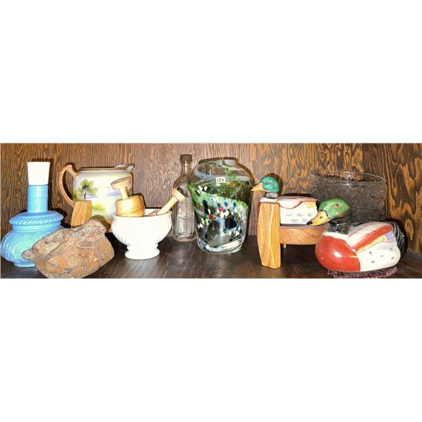 Decorative Collectibles Including Hand Painted Ceramic Ducks, Glass Art Vase, and Mortar &