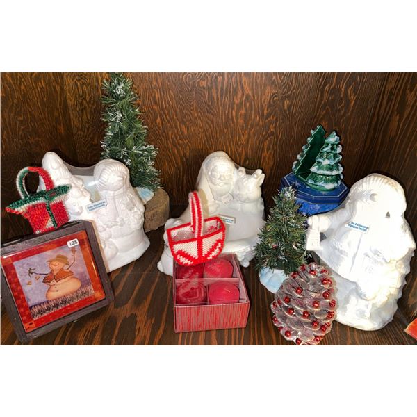 Holiday Decor Lot with Figurines, Trees, and Candles