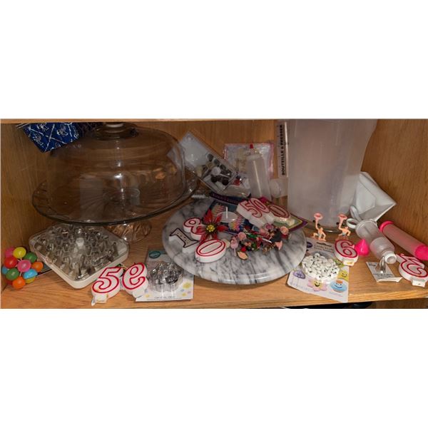 Cake Decorating Tools, Candles, and Glass Cake Stand