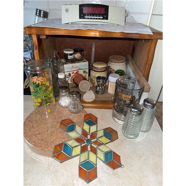 Kitchenware and Barware Lot with Stained Glass Ornament